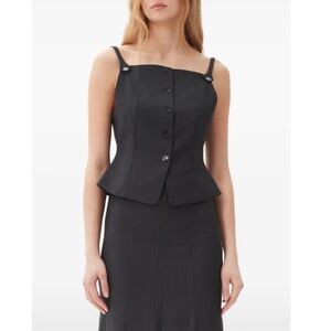 Ganni Black Pinstripe Button-Front Peplum Cami